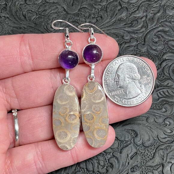 Amethyst and Coral Fossil Earrings Stone Crystal Jewelry - IMPERFECT DISCOUNT - Picture 5 of 8